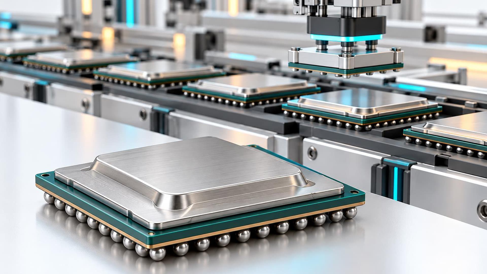 FCCSP packages with metal lids lined up on a bright production line, with a processing head pressing down on one package in the background and solder balls visible under the package in front.