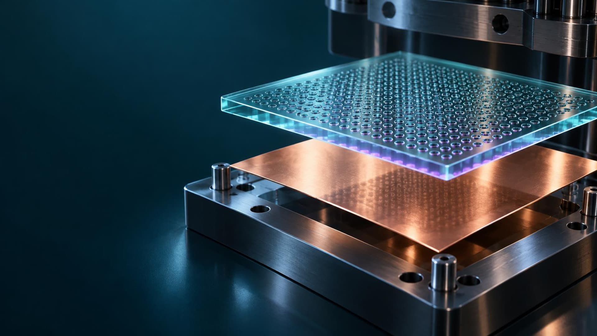 Concept image of a transparent glass plate densely drilled with vias descending onto a metal jig topped with copper foil, against a dark teal background.