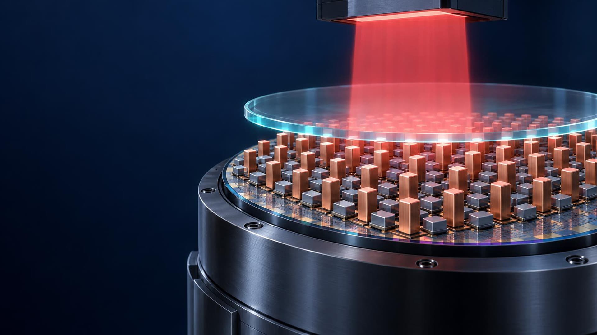 Concept image of a red laser from an overhead source passing through a transparent disc head onto a wafer densely populated with copper posts and components, against a dark navy background.