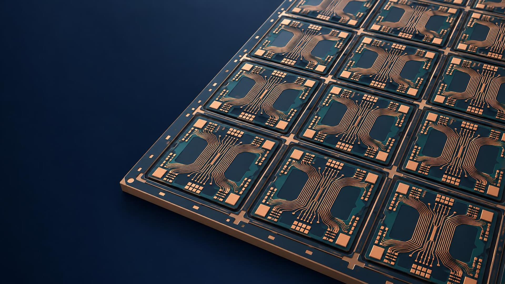 Concept image looking down at an angle on a large package panel with repeated copper wiring patterns, against a dark navy background.